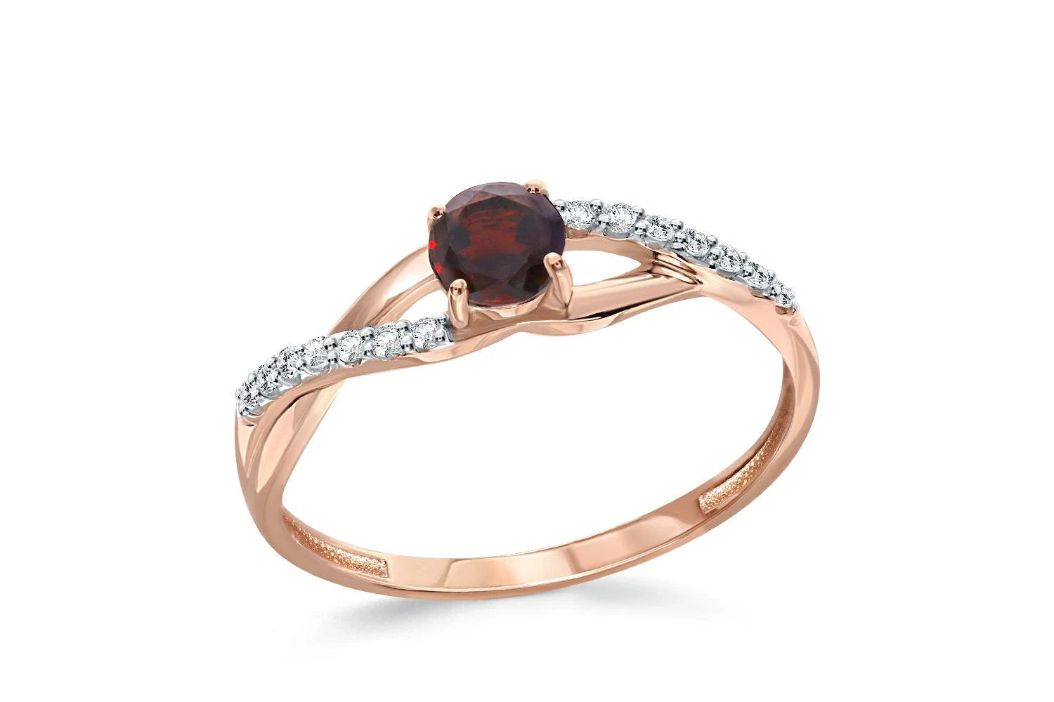 Кольцо из красного золота с гранатом и 14 фианитами