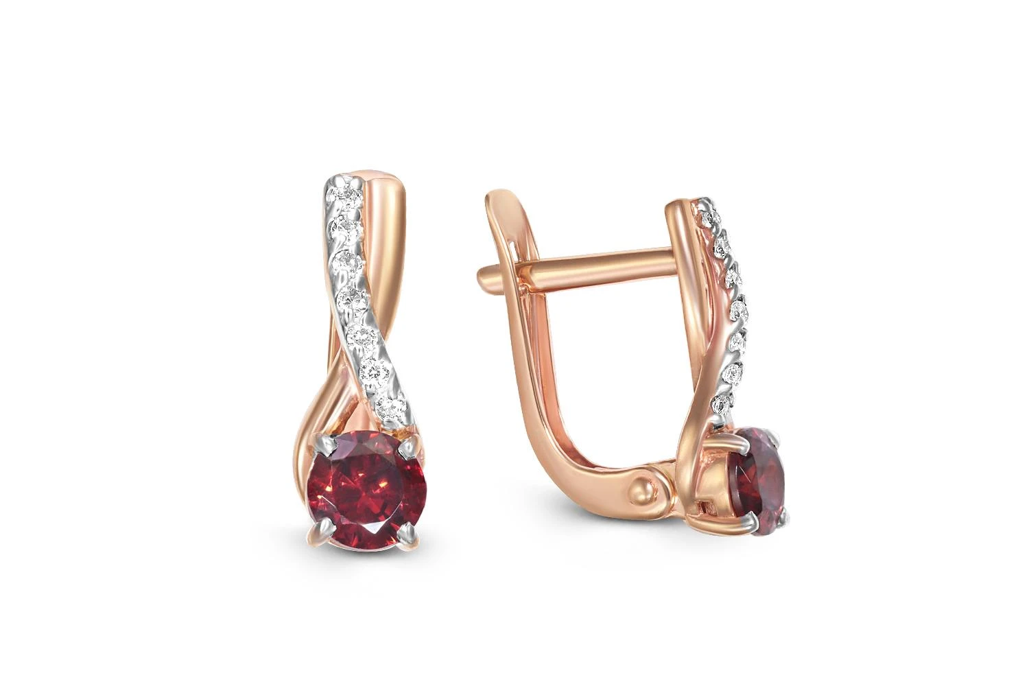 Серьги из красного золота с 2 гранатами и 14 фианитами