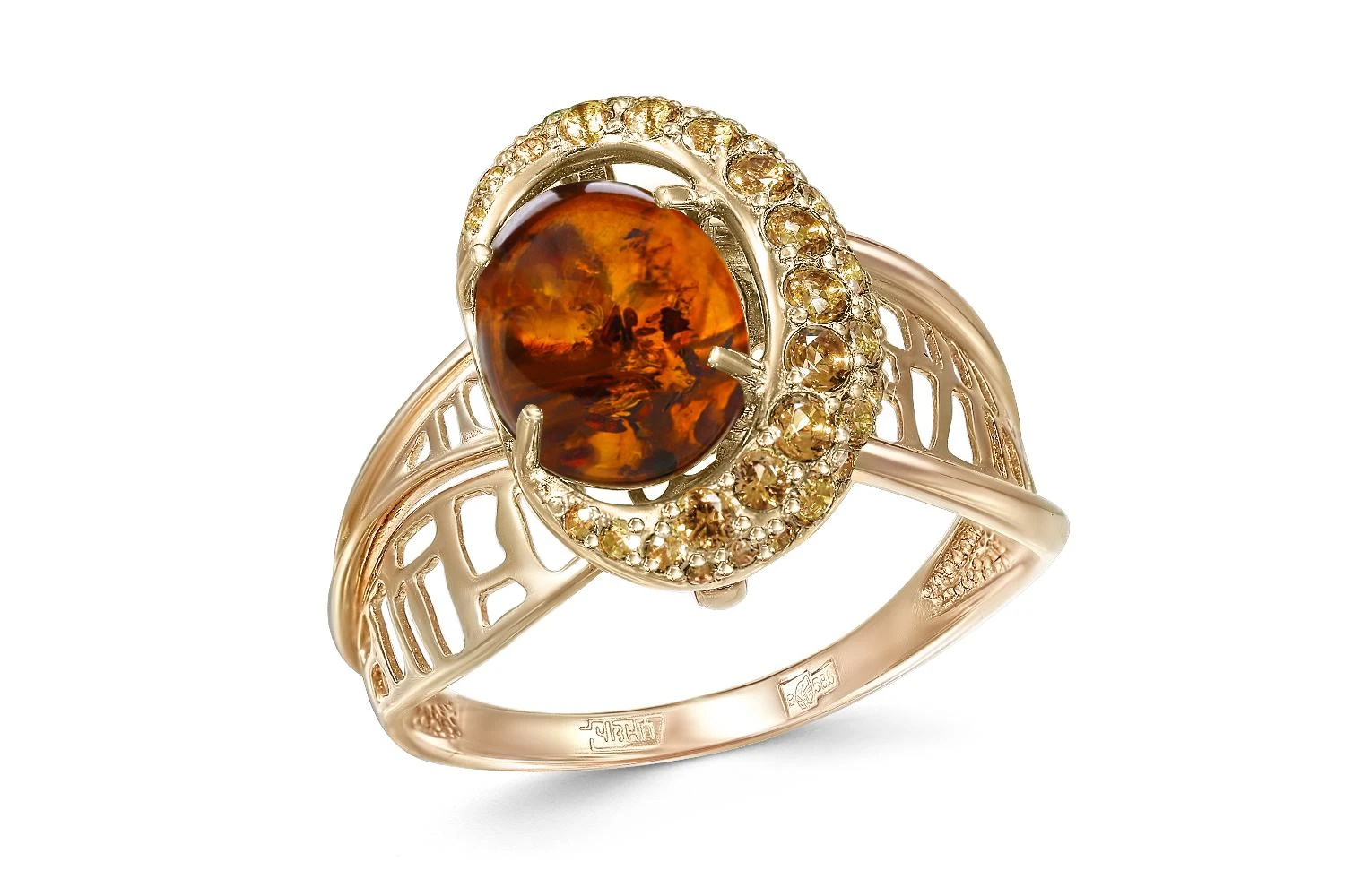 Кольцо из жёлтого золота с янтарём и 37 фианитами