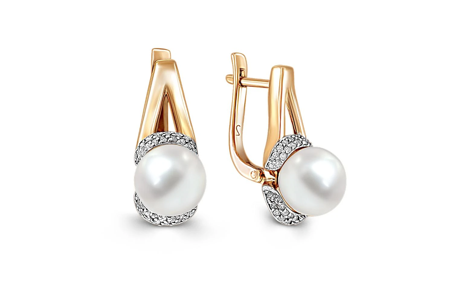 Серьги из жёлтого золота с 2 жемчужинами и 84 бриллиантами