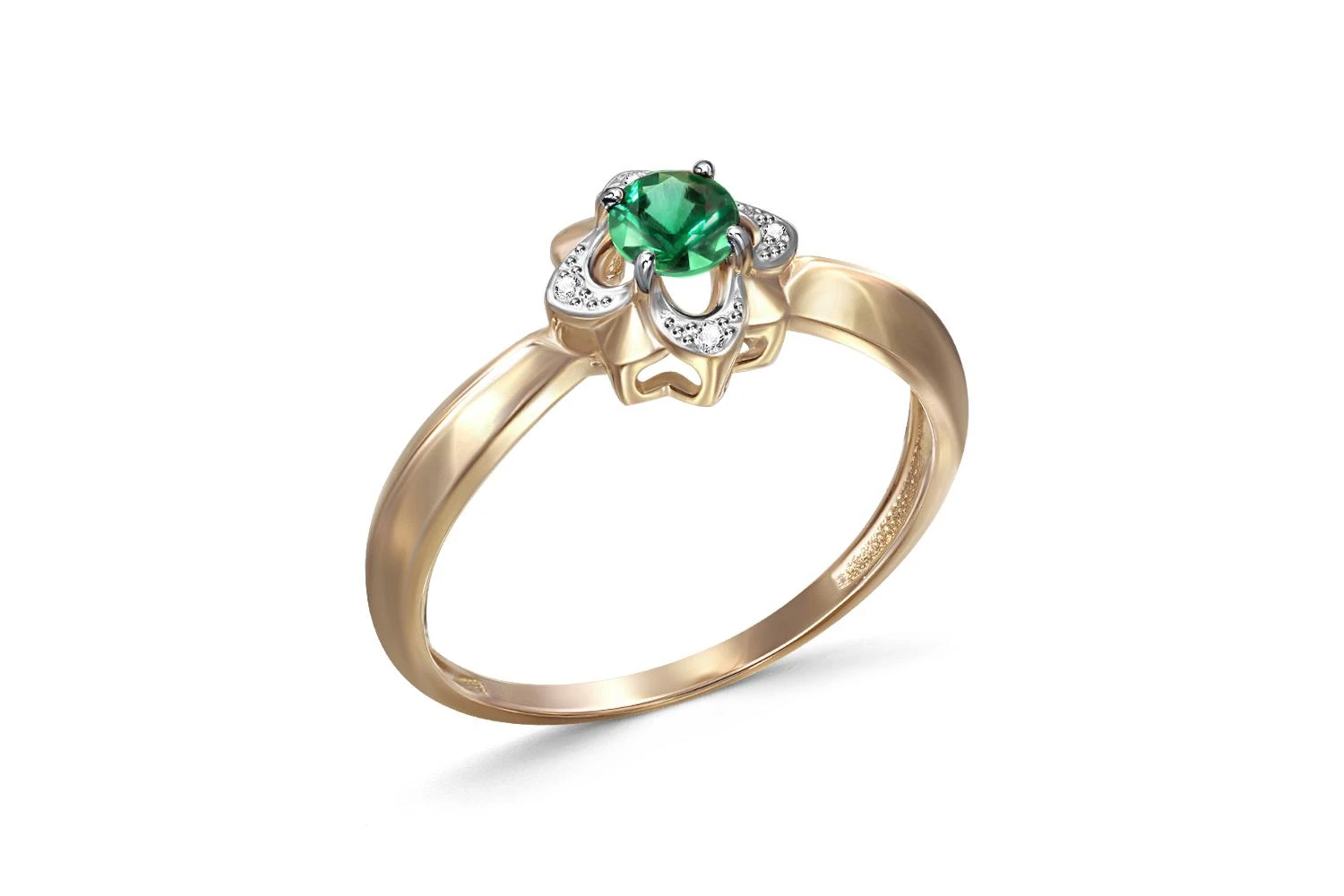 Кольцо Цветок из жёлтого золота с изумрудом и 4 бриллиантами