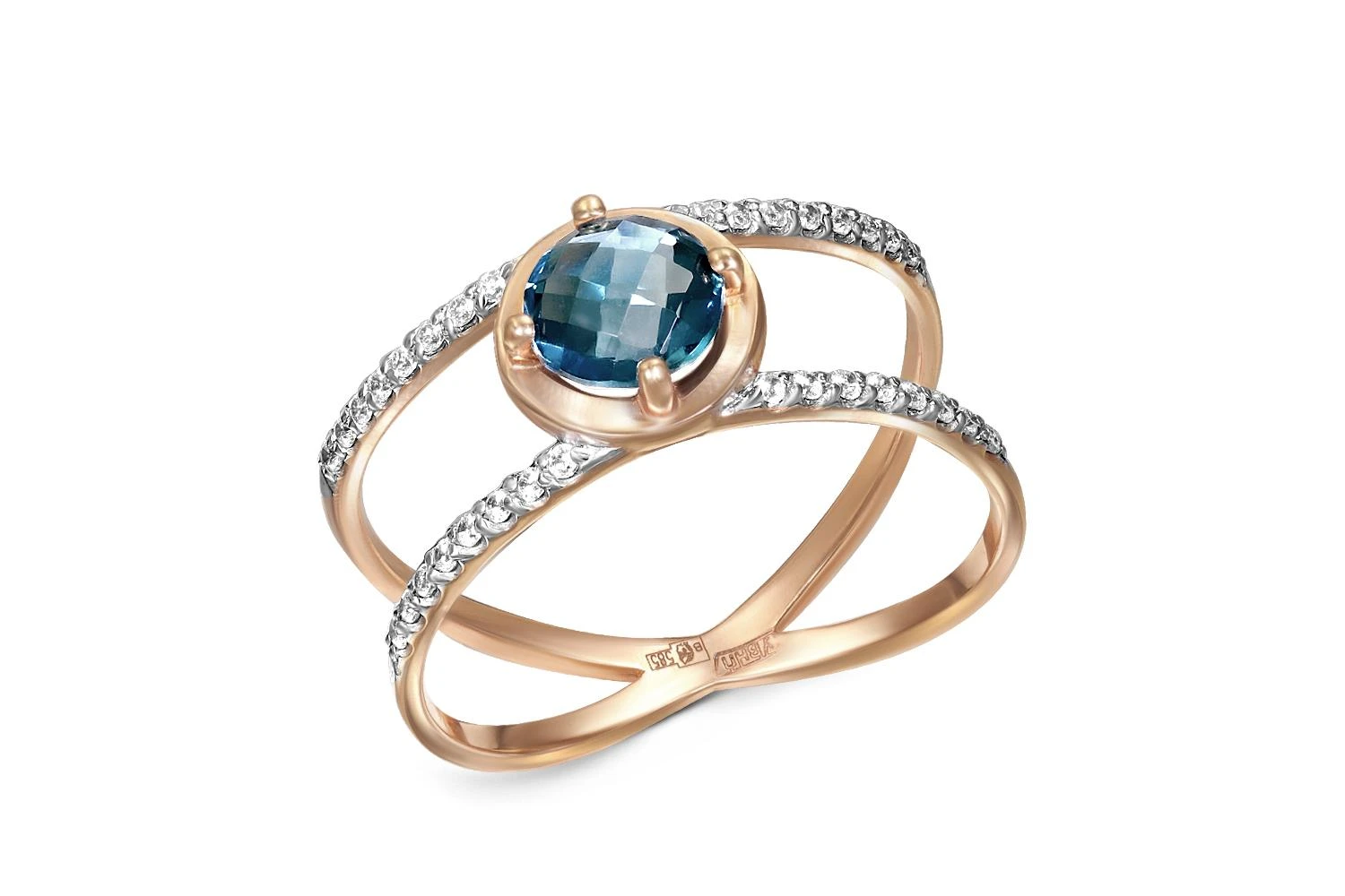 Кольцо из красного золота с топазом лондон и 32 фианитами