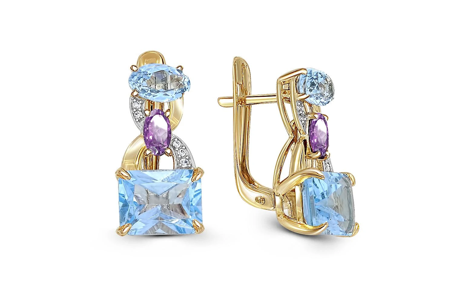 Серьги из жёлтого золота с топазами sky, фианитами и аметистами