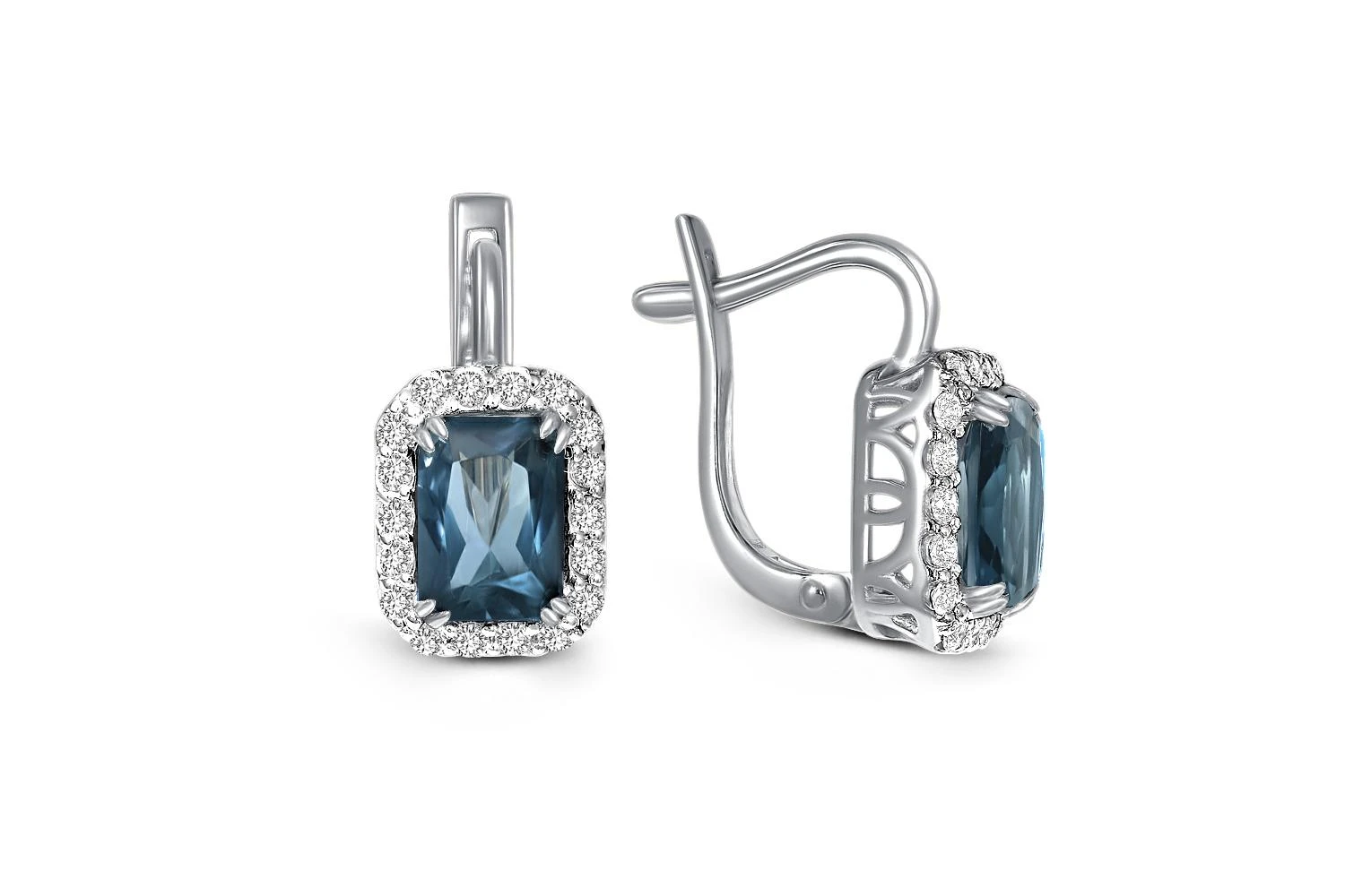 Серьги из белого золота с 2 топазами лондон и 36 фианитами