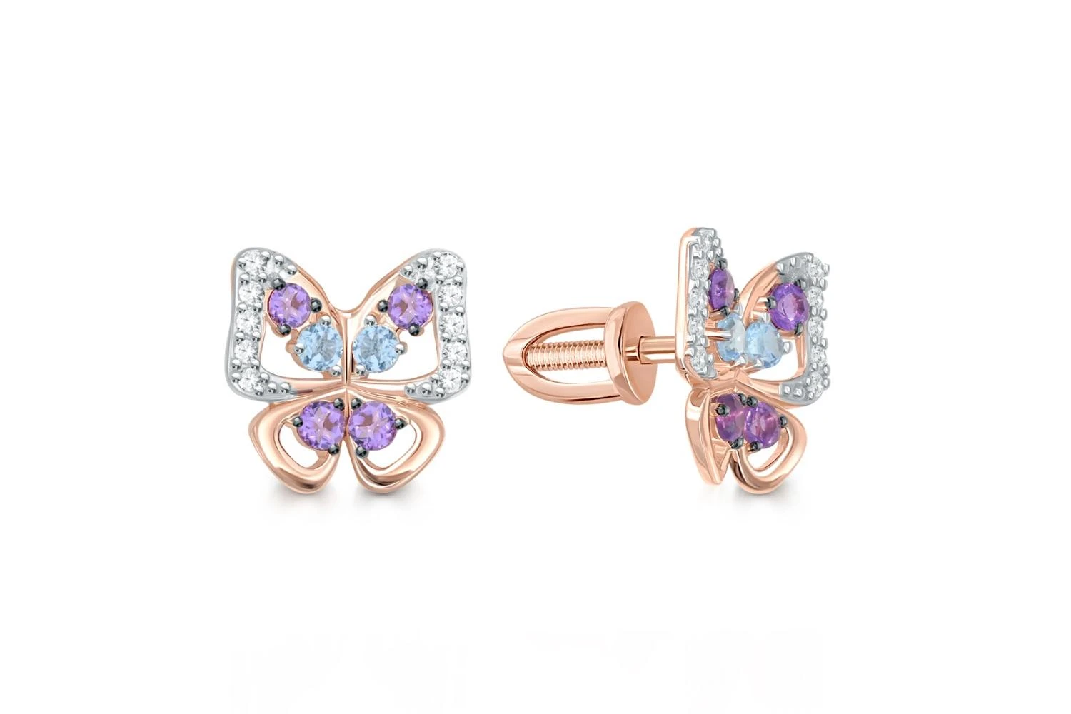 Серьги-пусеты Бабочки из красного золота с аметистами, топазами swiss и фианитами