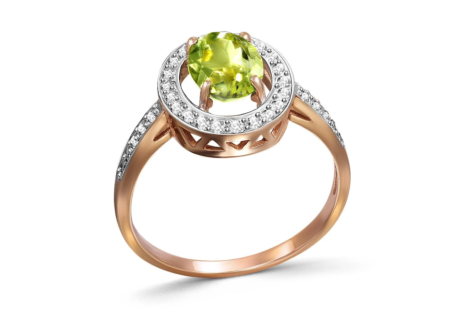 Кольцо из красного золота с хризолитом и 32 фианитами