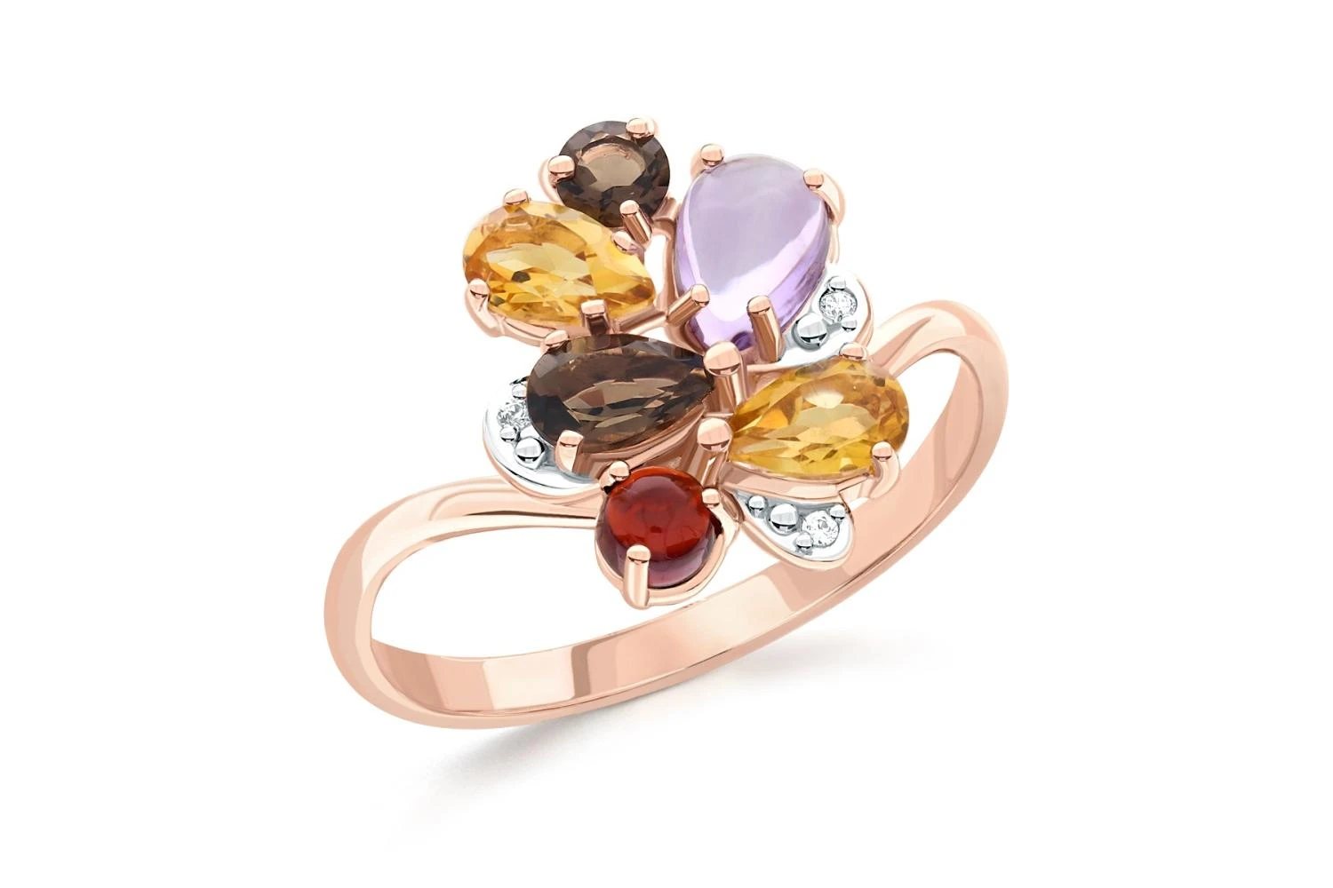 Кольцо из красного золота с аметистом, гранатом и раухтопазами