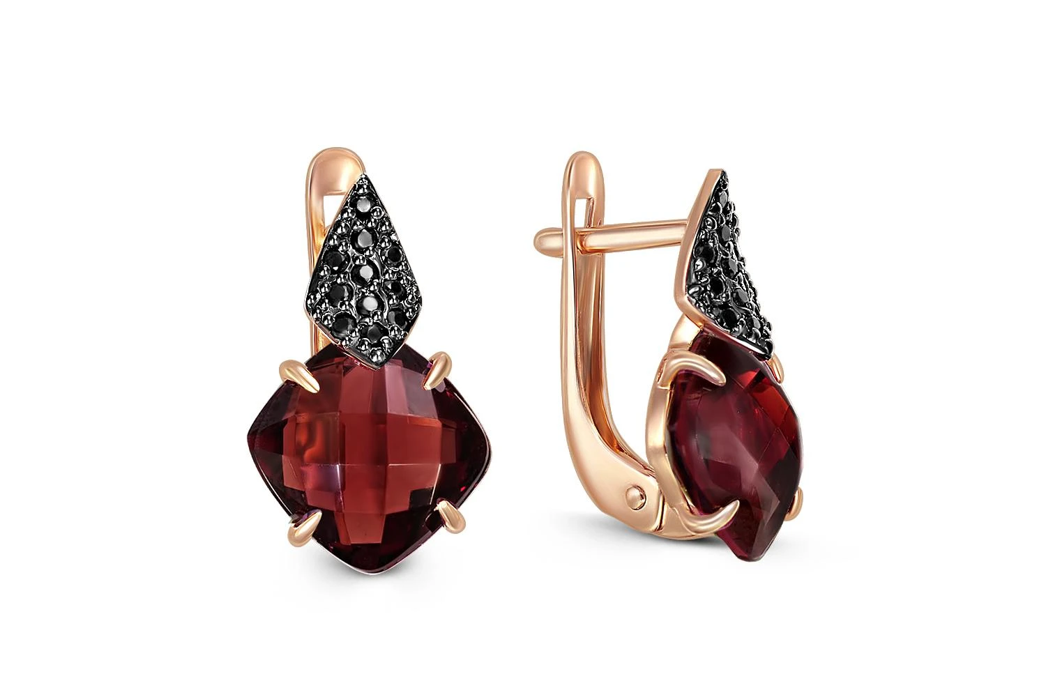 Серьги из красного золота с 2 гранатами и 28 фианитами