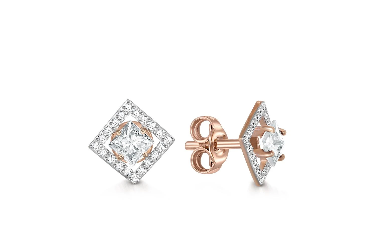 Серьги-пусеты Квадраты из красного золота с 42 фианитами