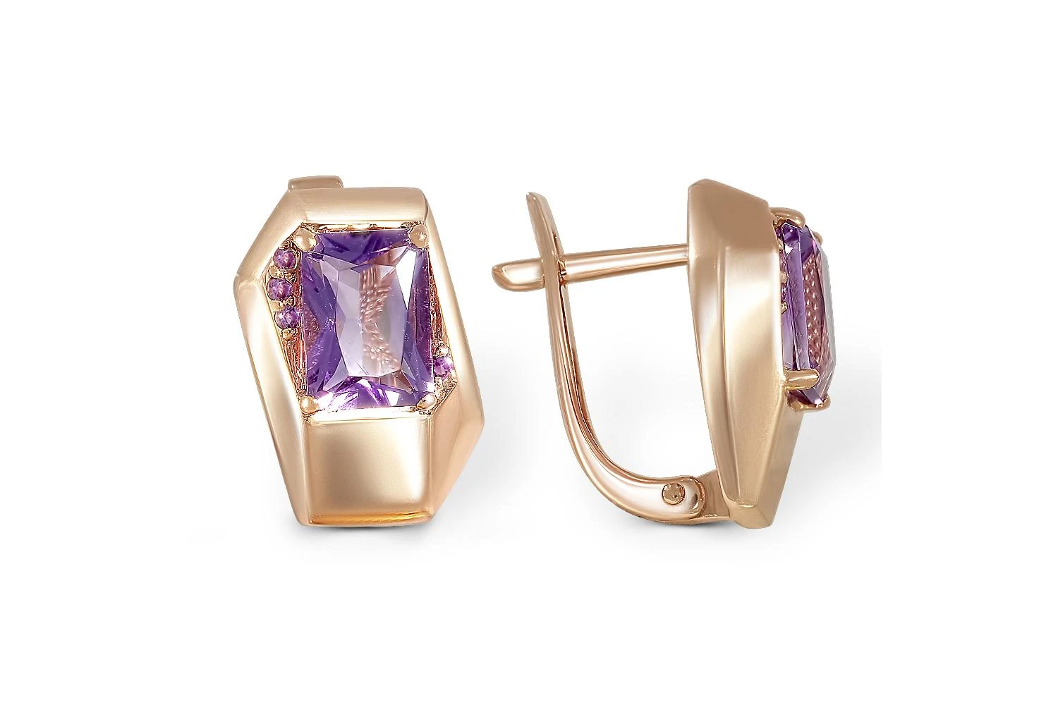 Серьги из красного золота с 2 аметистами и 8 фианитами