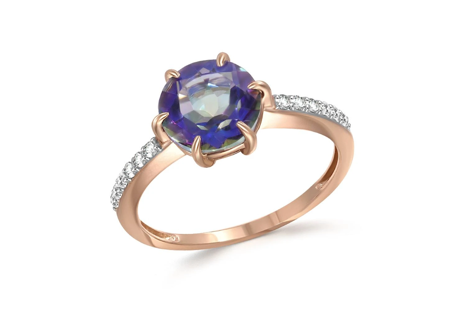 Кольцо из красного золота с кварцем и 12 фианитами