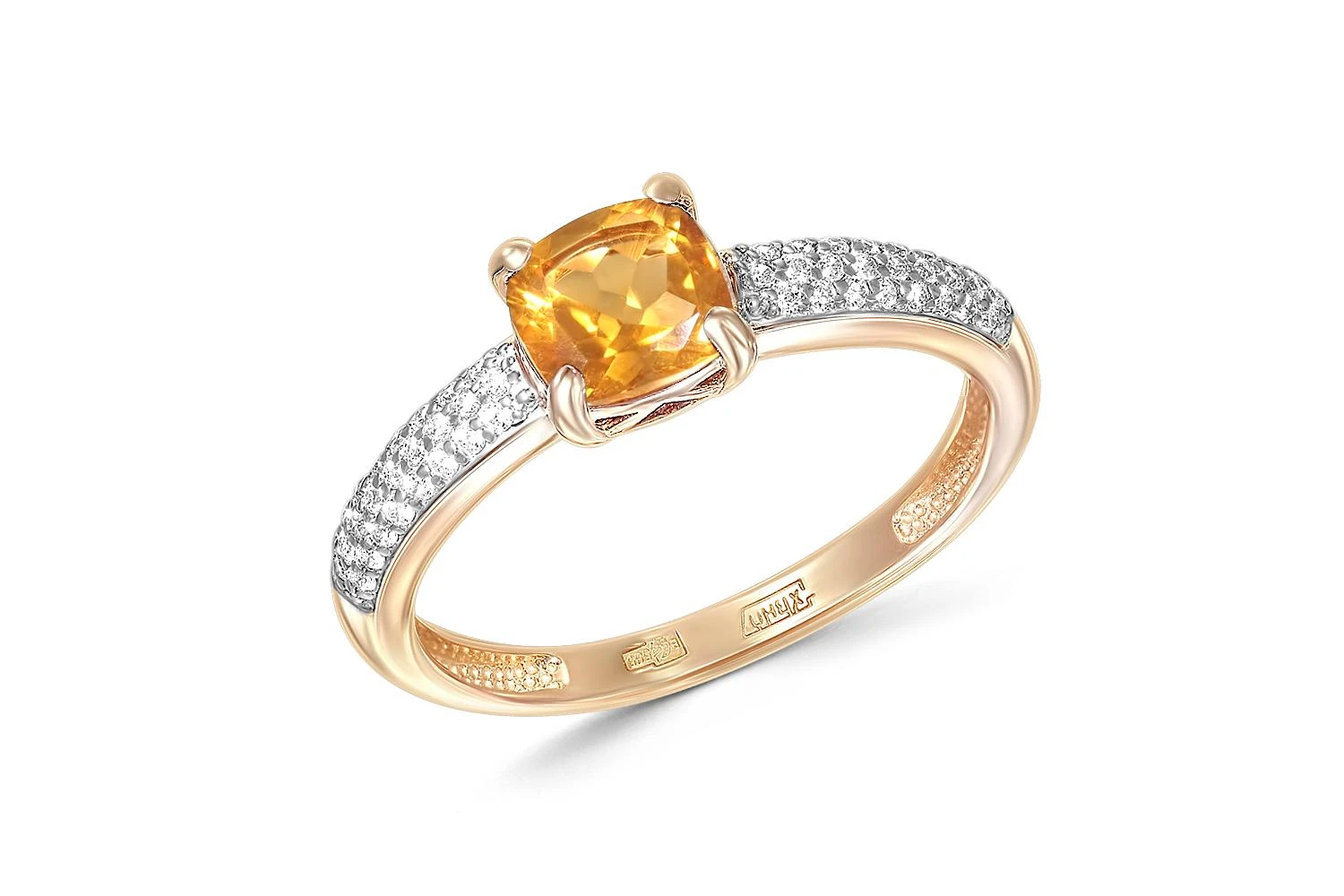 Кольцо из красного золота с цитрином и 50 фианитами