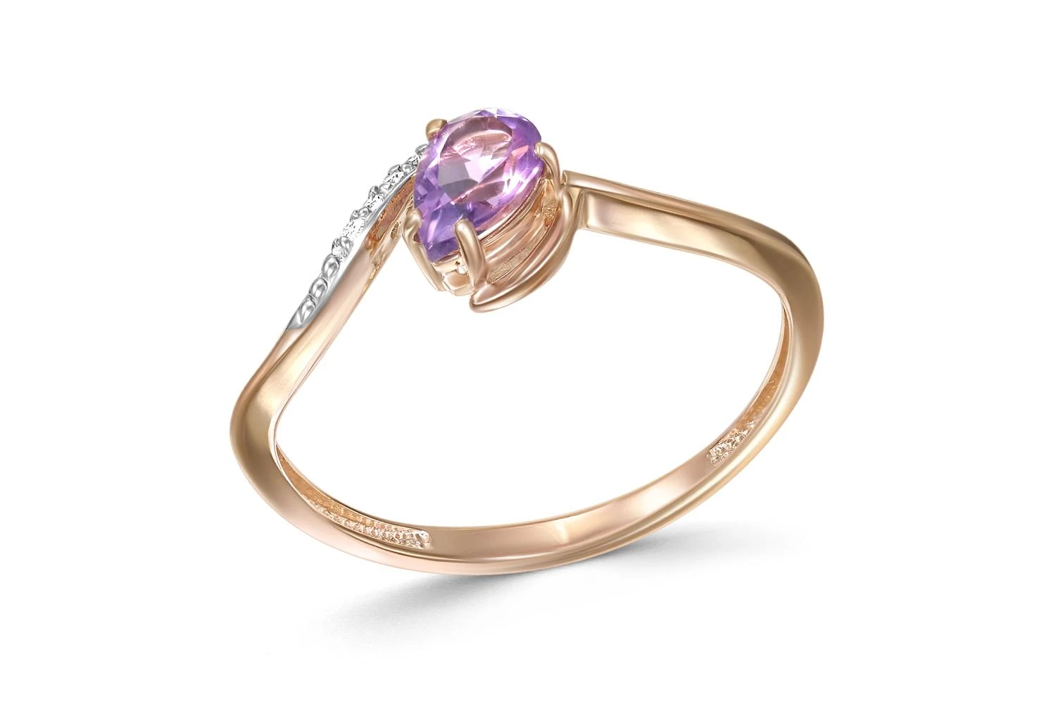 Кольцо из красного золота с аметистом и 6 фианитами