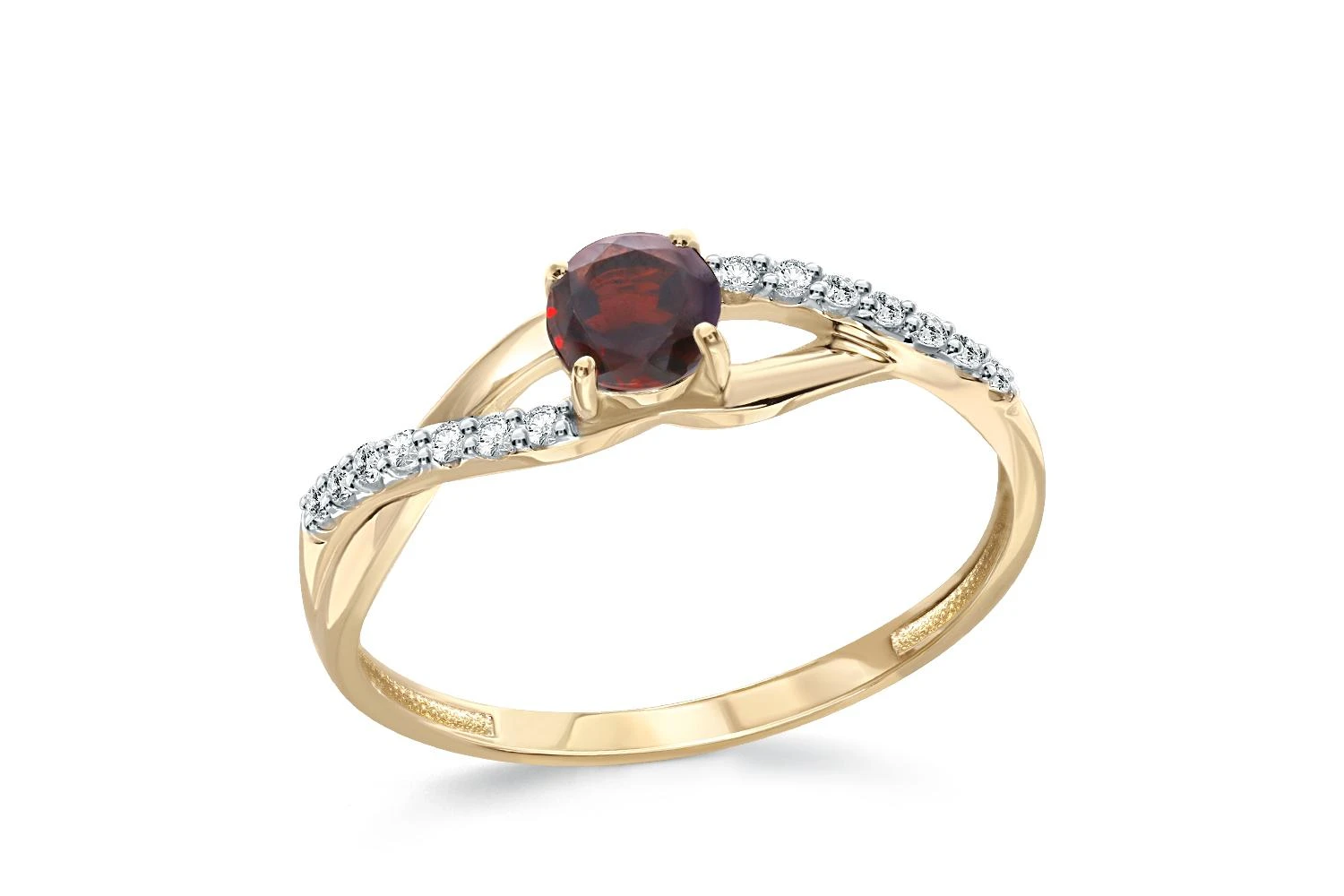 Кольцо из жёлтого золота с гранатом и 14 фианитами