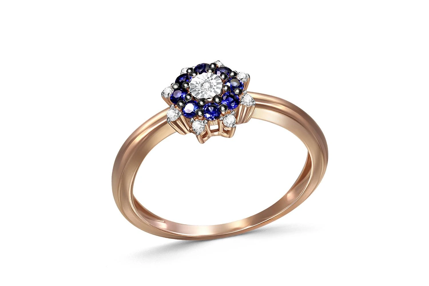 Кольцо из красного золота с 8 корундами и 9 бриллиантами