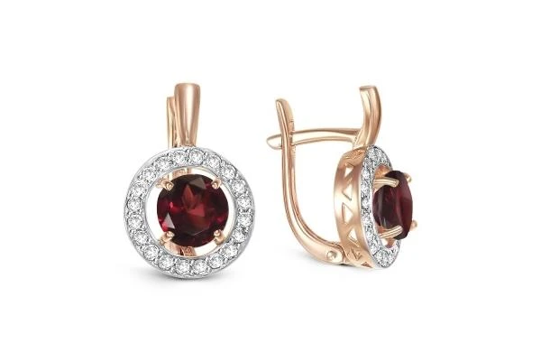 Серьги из красного золота с 2 гранатами и 40 фианитами