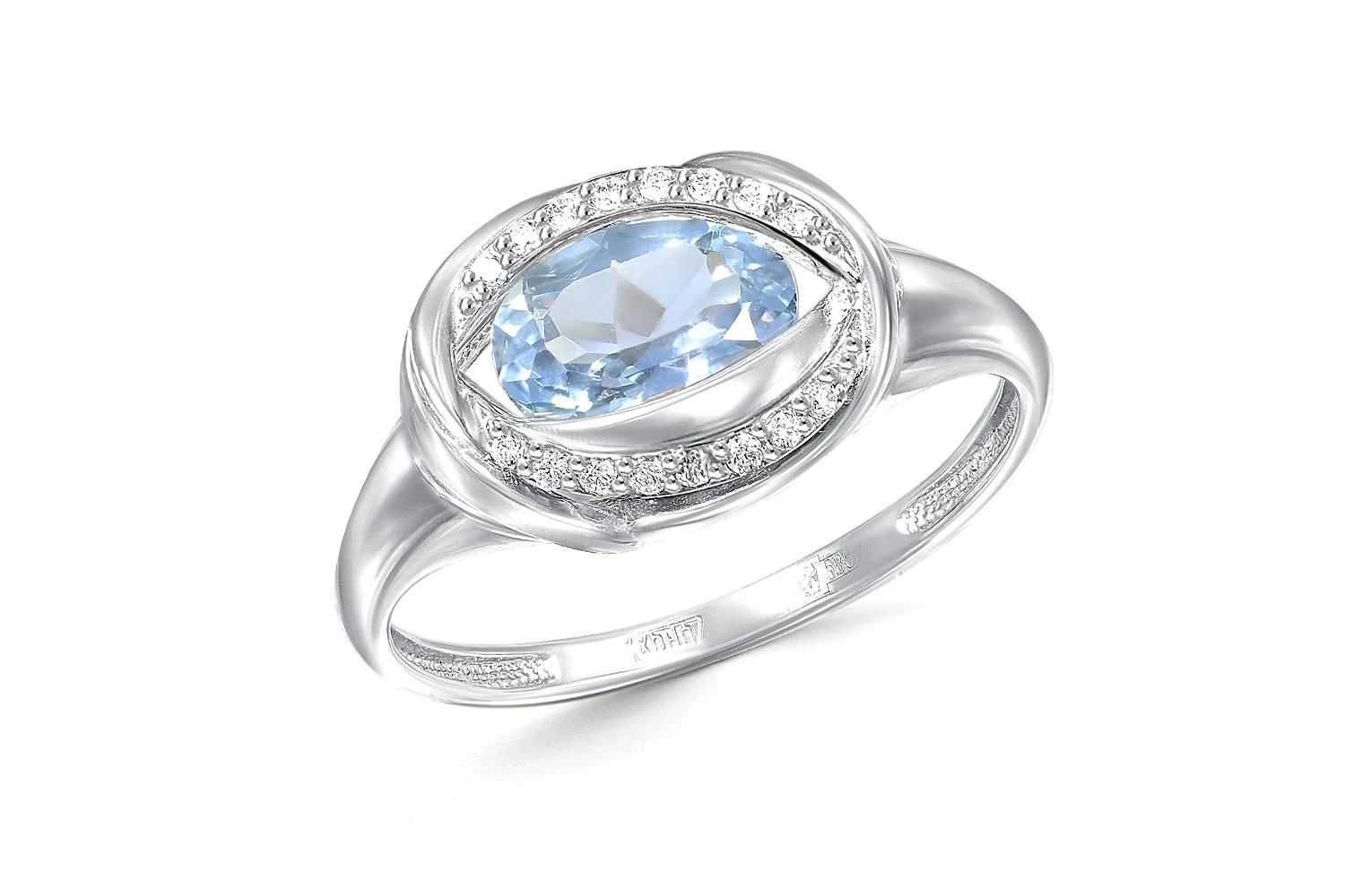 Кольцо из белого золота с топазом sky и 16 фианитами