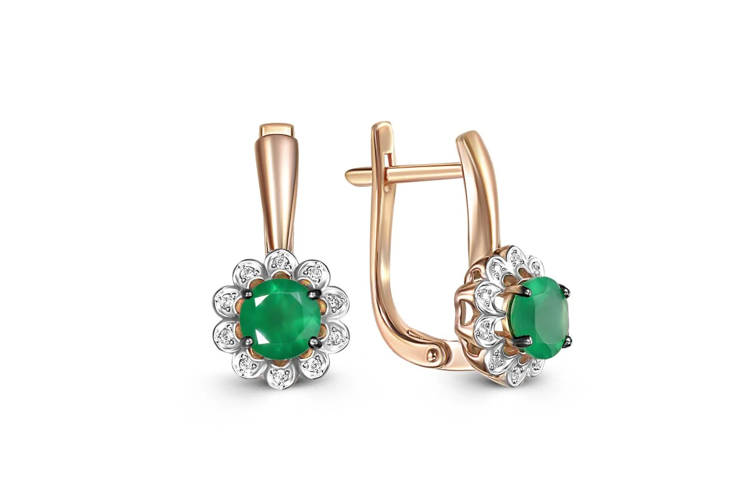 Серьги Цветы из красного золота с 2 агатами и 20 фианитами