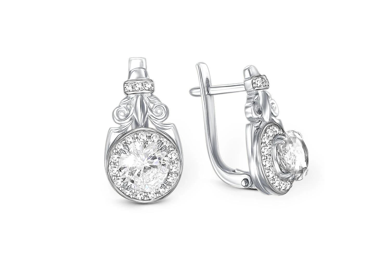 Серьги из белого золота с 2 кристаллами swarovski и 36 фианитами