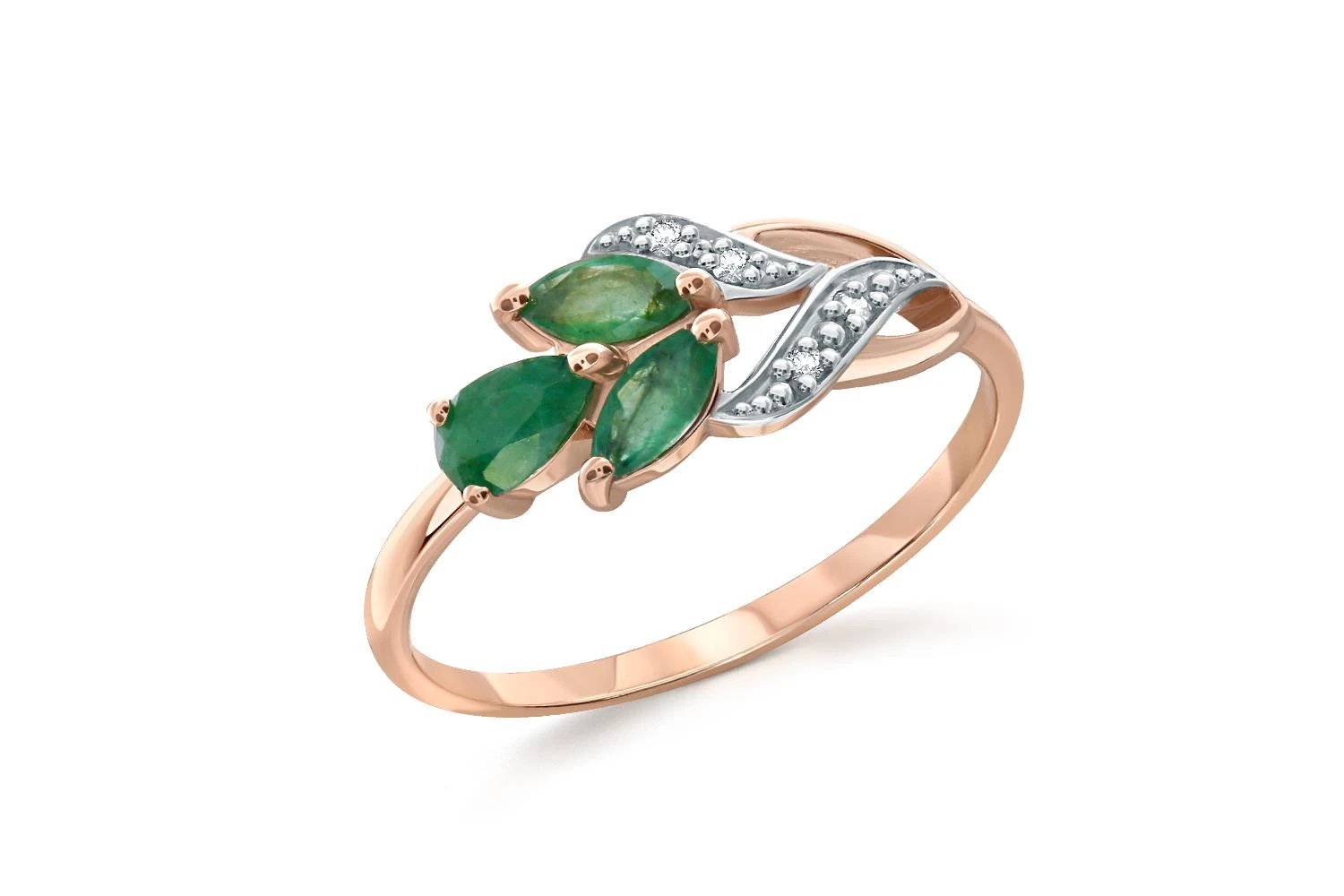 Кольцо Цветок из красного золота с 3 изумрудами и 4 бриллиантами