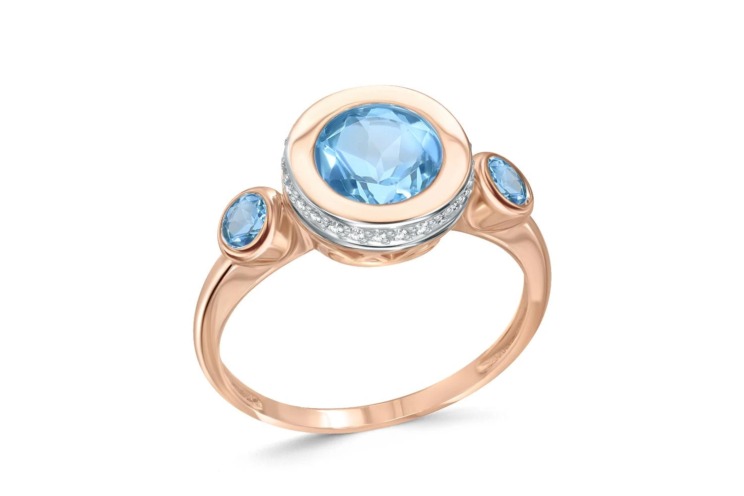 Кольцо из красного золота с 3 топазами swiss и 26 фианитами