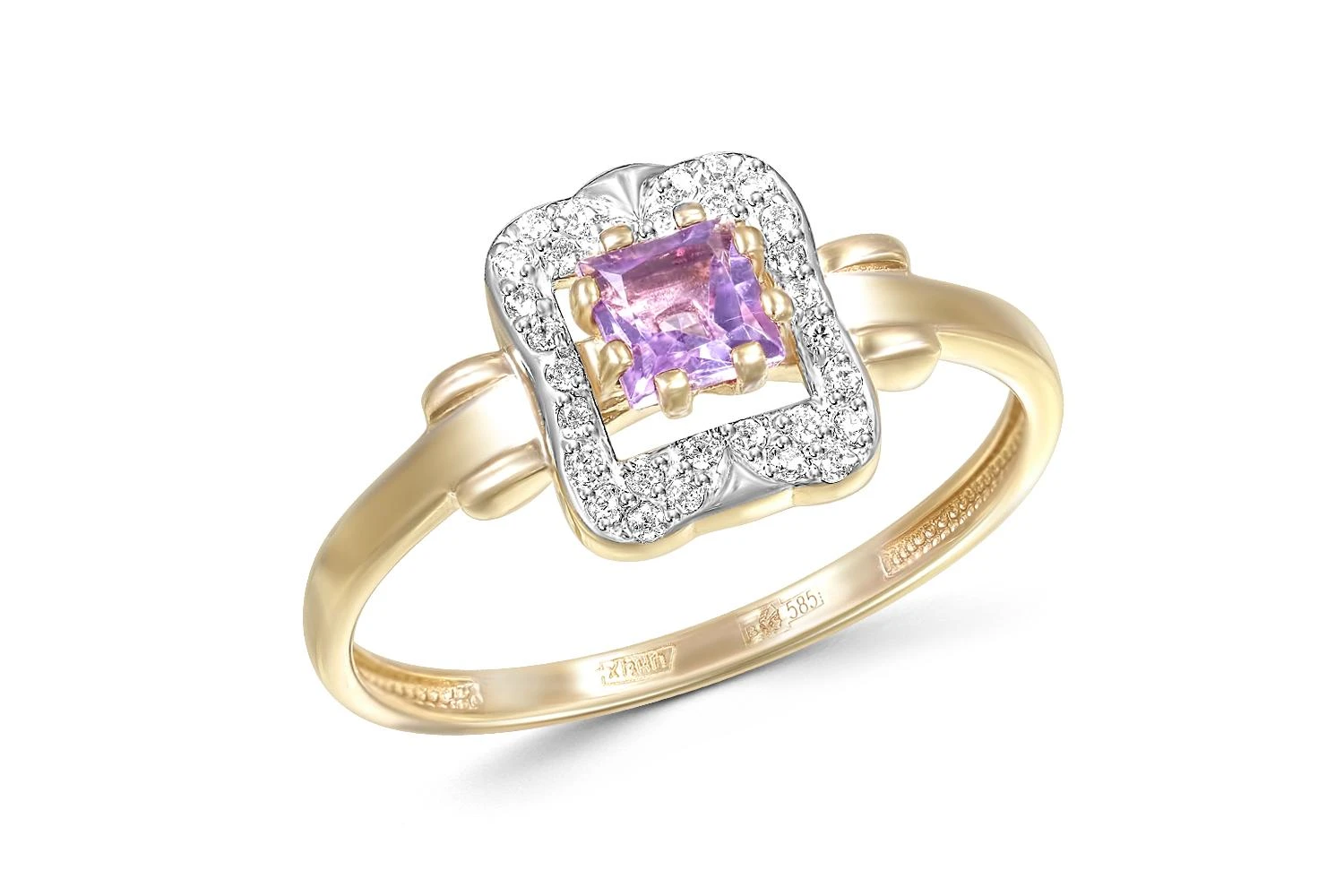 Кольцо из жёлтого золота с аметистом и 30 фианитами