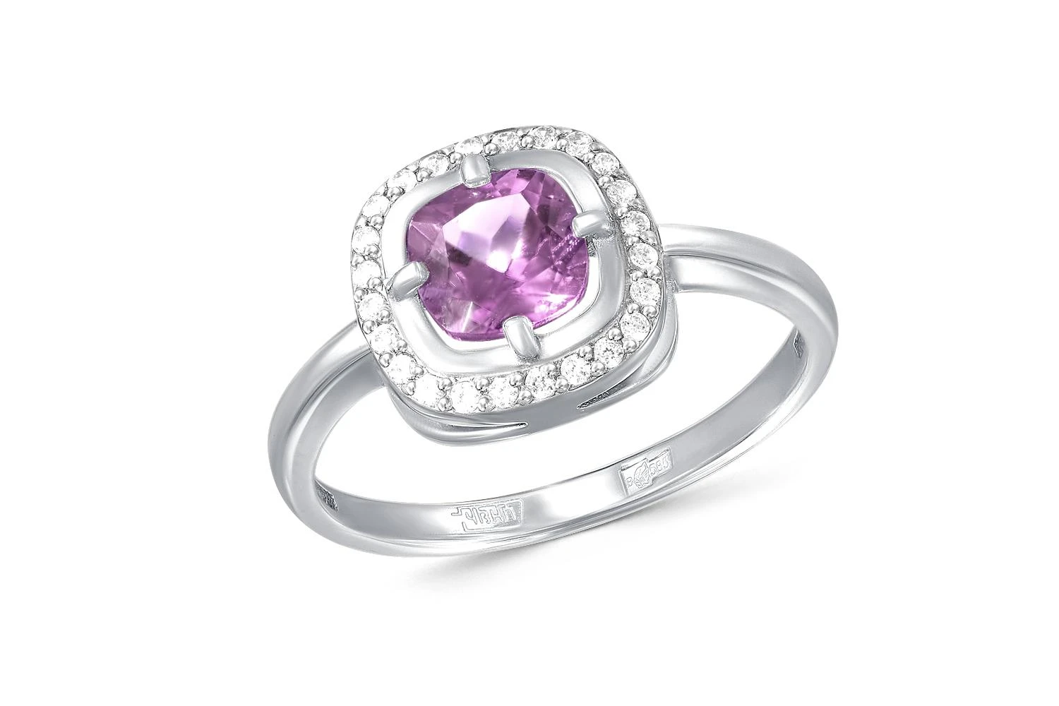 Кольцо из белого золота с аметистом и 24 фианитами