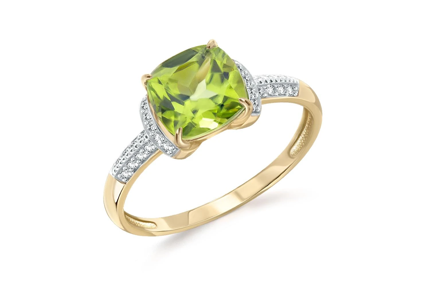 Кольцо из жёлтого золота с хризолитом и 26 фианитами