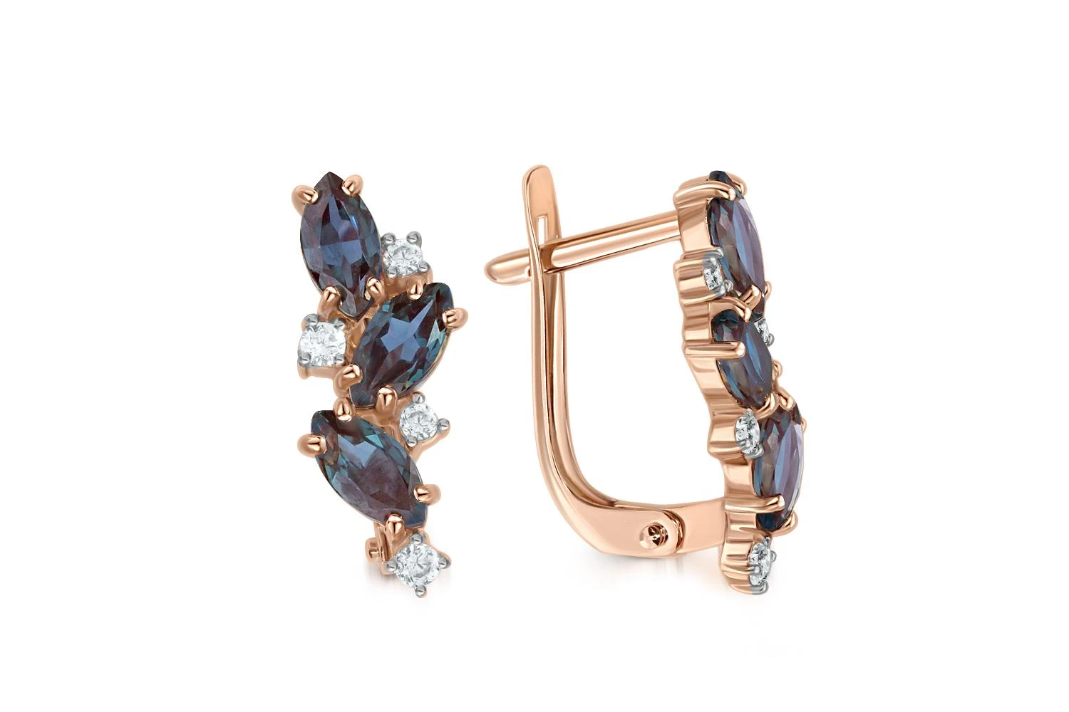 Серьги из красного золота с 6 александритами и 8 фианитами