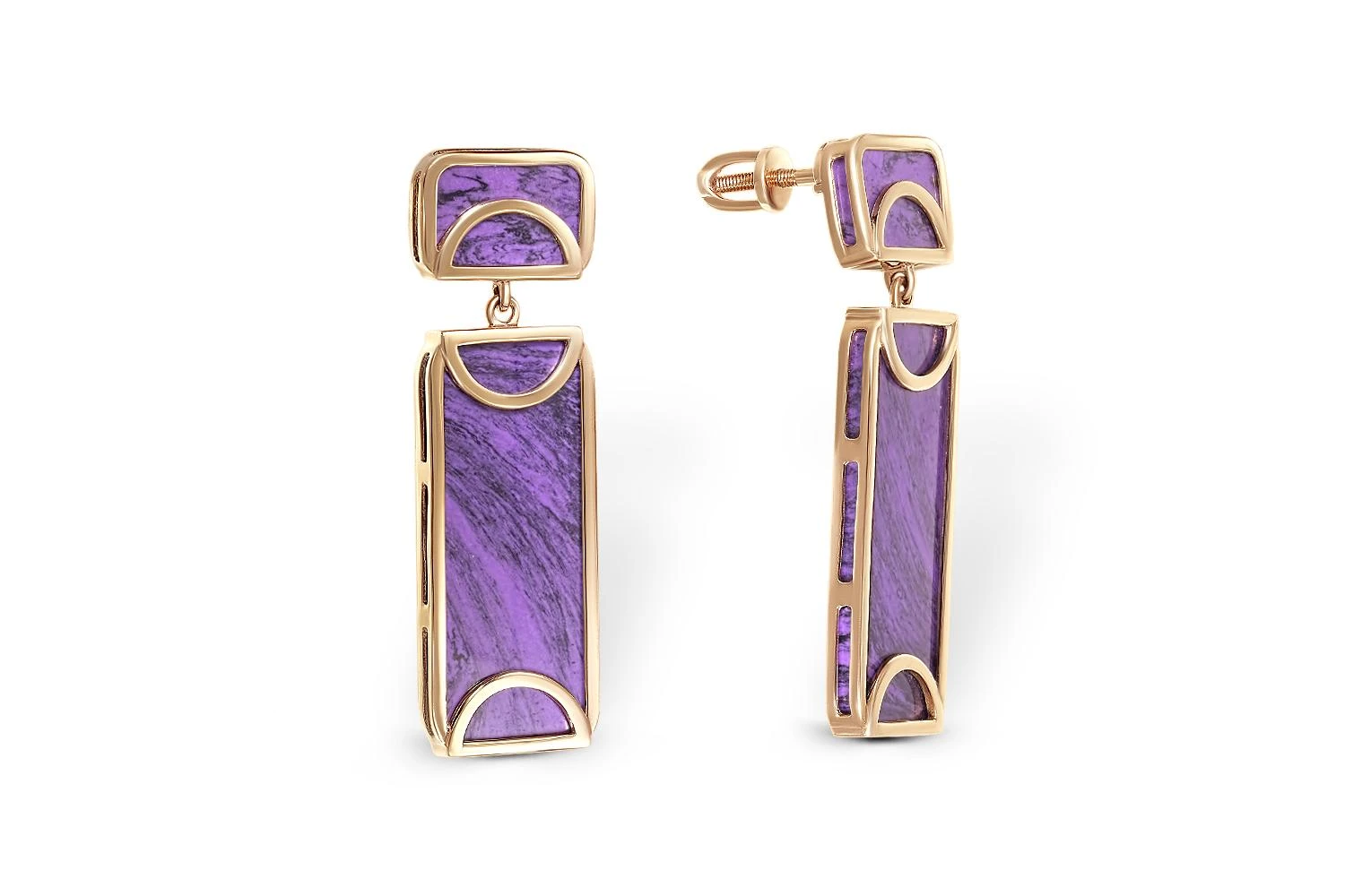 Серьги-пусеты Прямоугольники из красного золота с 4 чароитами