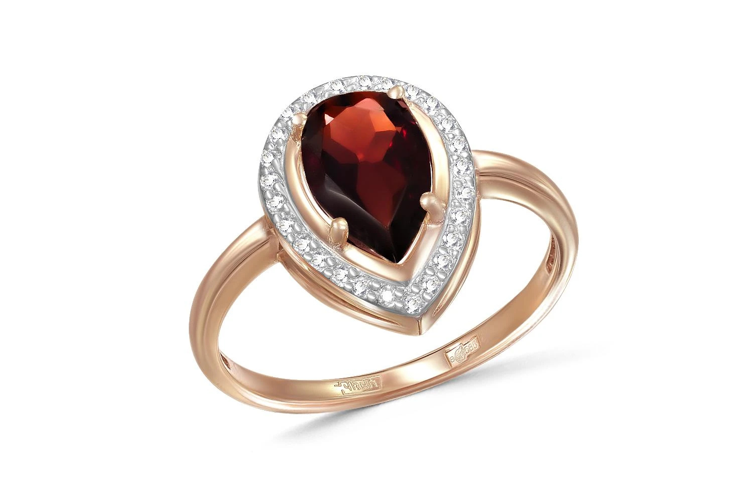 Кольцо из красного золота с гранатом и 26 фианитами