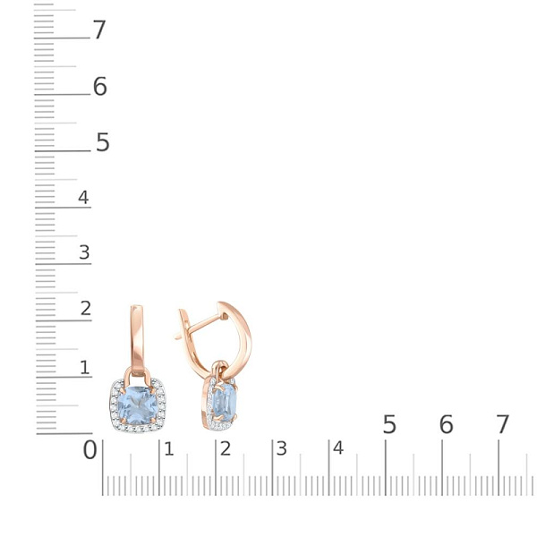 Серьги-трансформеры из красного золота с 2 топазами sky и 34 фианитами