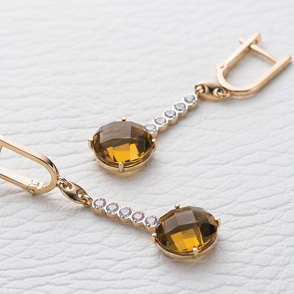 Серьги из красного золота с 2 султанитами и 10 фианитами