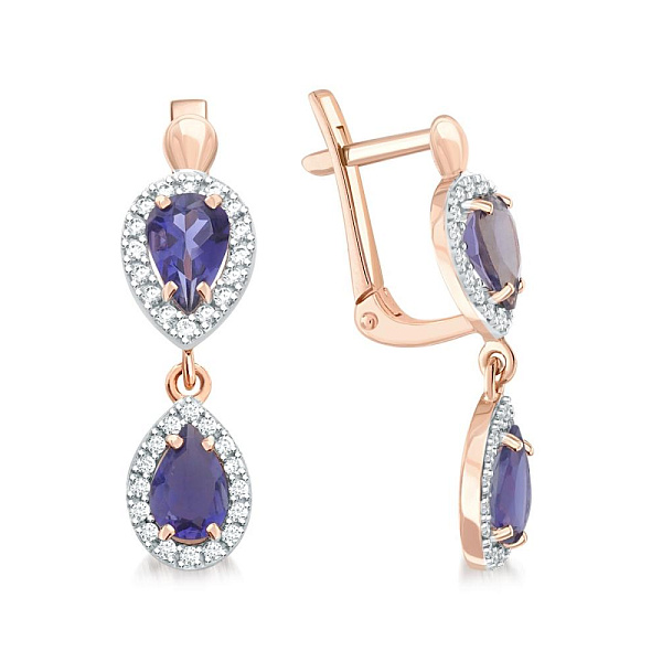 Серьги из красного золота с 4 иолитами и 64 фианитами