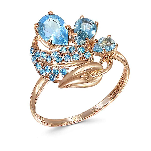 Кольцо из красного золота с 3 топазами swiss и 19 фианитами