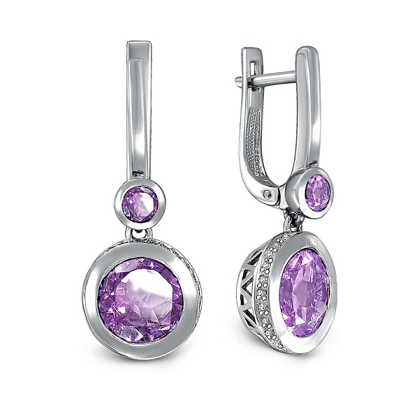 Серьги из белого золота с 4 аметистами и 52 фианитами