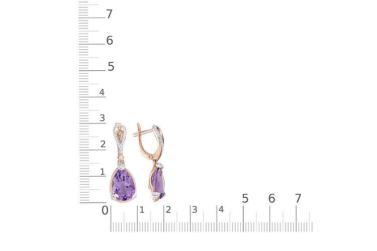 Серьги из красного золота с 2 аметистами и 64 фианитами