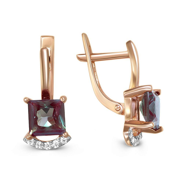 Серьги из красного золота с 2 александритами и 10 фианитами
