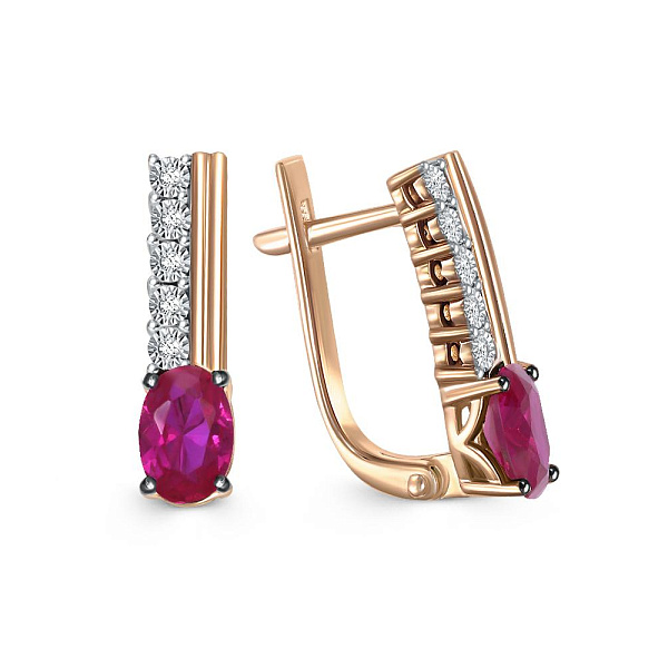 Серьги из красного золота с 2 корундами и 10 бриллиантами