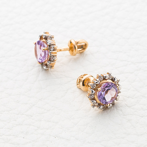 Серьги-пусеты из красного золота с 2 аметистами и 18 фианитами