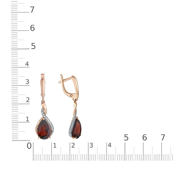 Серьги из красного золота с 2 гранатами и 24 фианитами