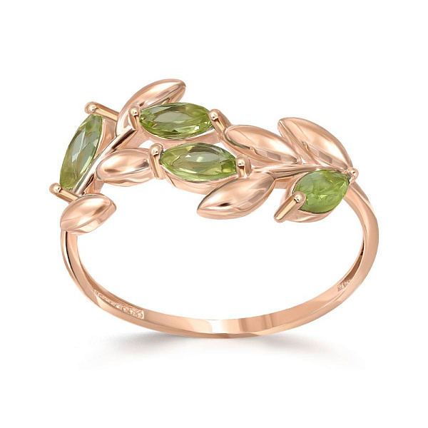 Кольцо Веточка из красного золота с 4 хризолитами