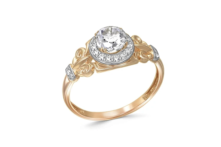 Кольцо из красного золота с кристаллом swarovski и 21 фианитами