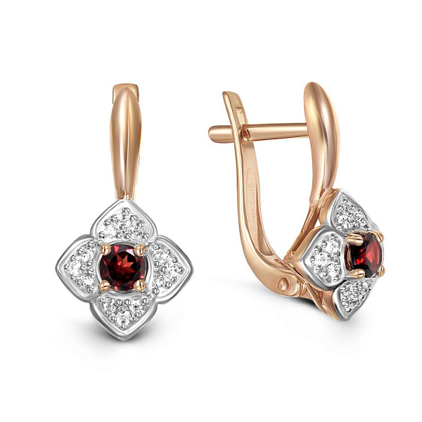 Серьги Цветы из красного золота с 2 гранатами и 24 фианитами