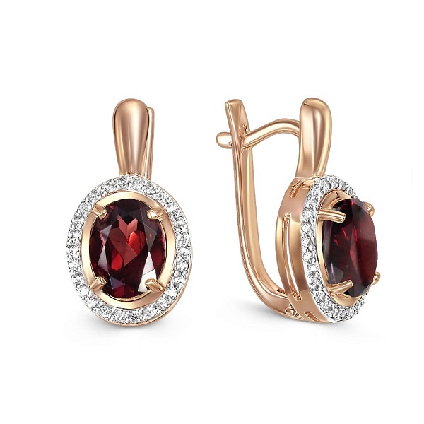 Серьги из красного золота с 2 гранатами и 52 фианитами