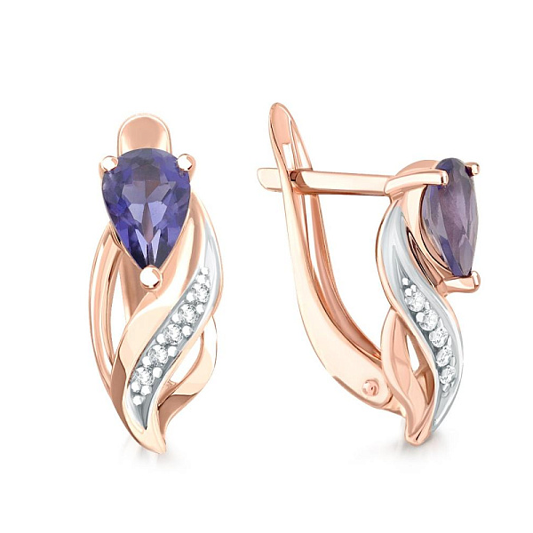 Серьги из красного золота с 2 иолитами и 10 фианитами