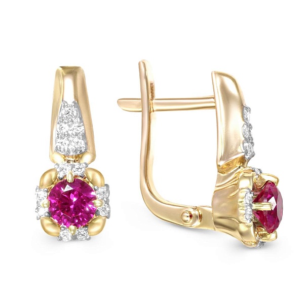 Серьги из жёлтого золота с 2 корундами и 26 фианитами