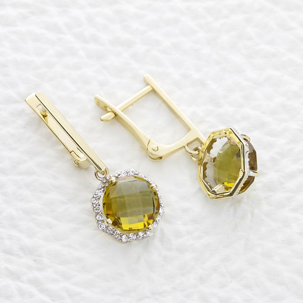 Серьги из жёлтого золота с 2 султанитами и 44 фианитами