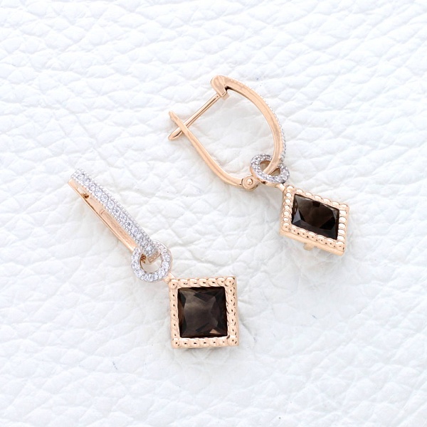 Серьги-трансформеры из красного золота с 2 раухтопазами и 24 фианитами