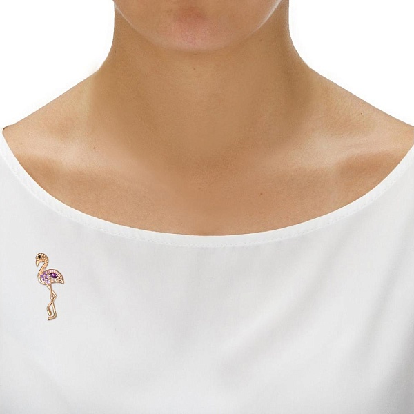 Брошь Фламинго из красного золота с родолитами, фианитами и аметистами